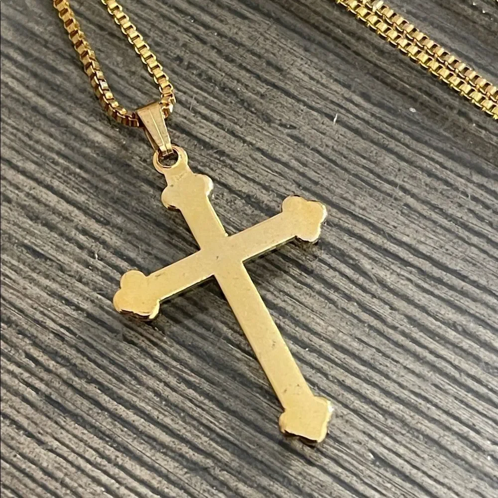Vintage Gold-tone Cross Pendant on a Square Box Link Style Chain 20.25” approx